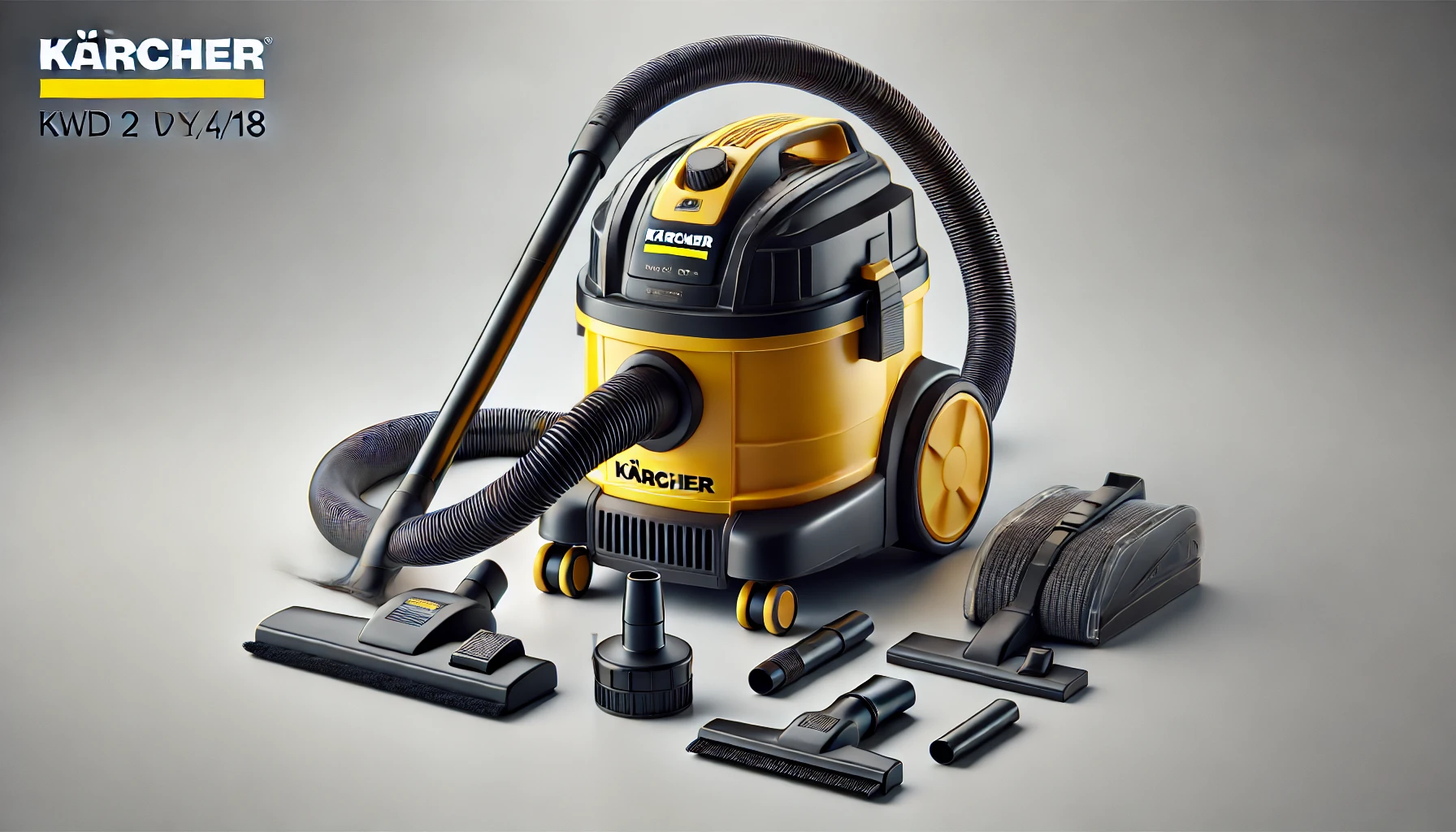 DALL·E 2024-08-16 12.25.25 - A high-resolution image of a Kärcher KWD 2 V-12_4_18 wet and dry vacuum cleaner. The vacuum is yellow and black, featuring a flexible hose and several