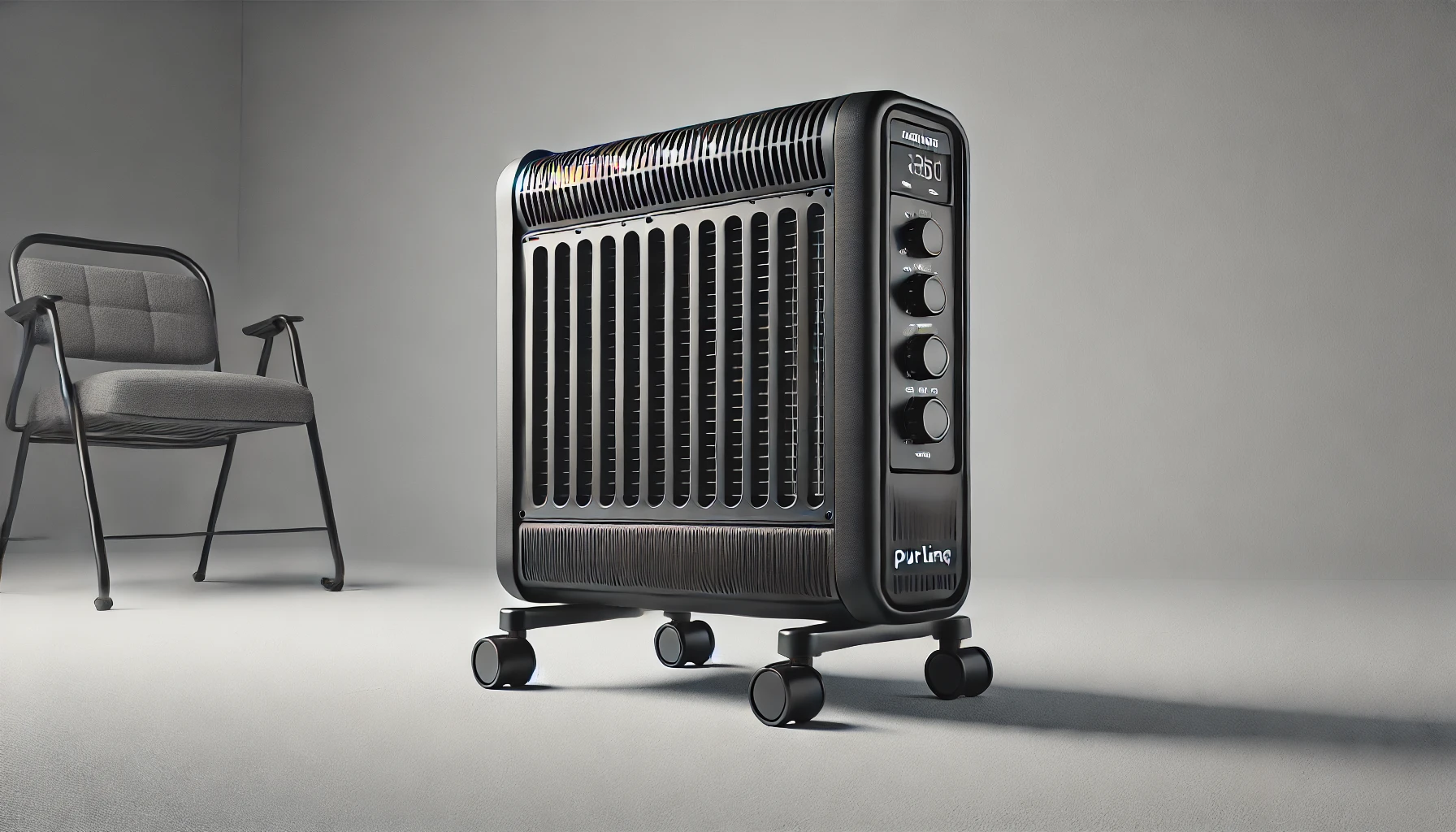 DALL·E 2024-08-16 12.34.26 - A high-resolution image of a Purline MR1500B indoor heater. The heater is black, with control knobs visible on the side, and is mounted on casters for