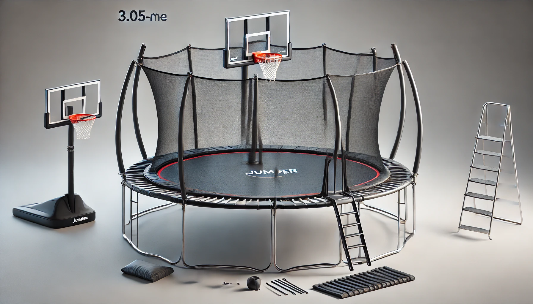 DALL·E 2024-08-16 12.49.54 - A high-resolution image of a 3.05-meter 'Jumper' prestige trampoline with a basketball hoop. The trampoline is equipped with a safety net and is shown