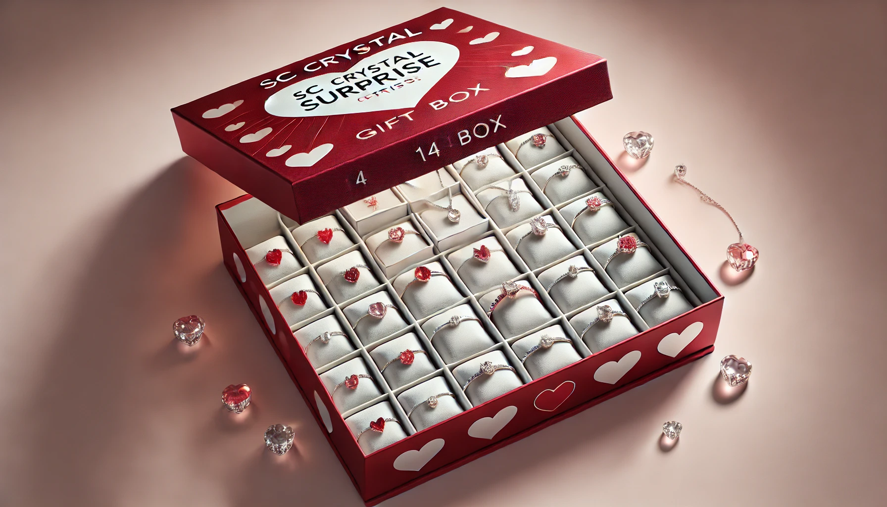 DALL·E 2024-08-16 13.54.31 - A high-resolution image of an SC Crystal surprise gift box containing 14 jewelry pieces. The box is open, revealing several compartments with necklace