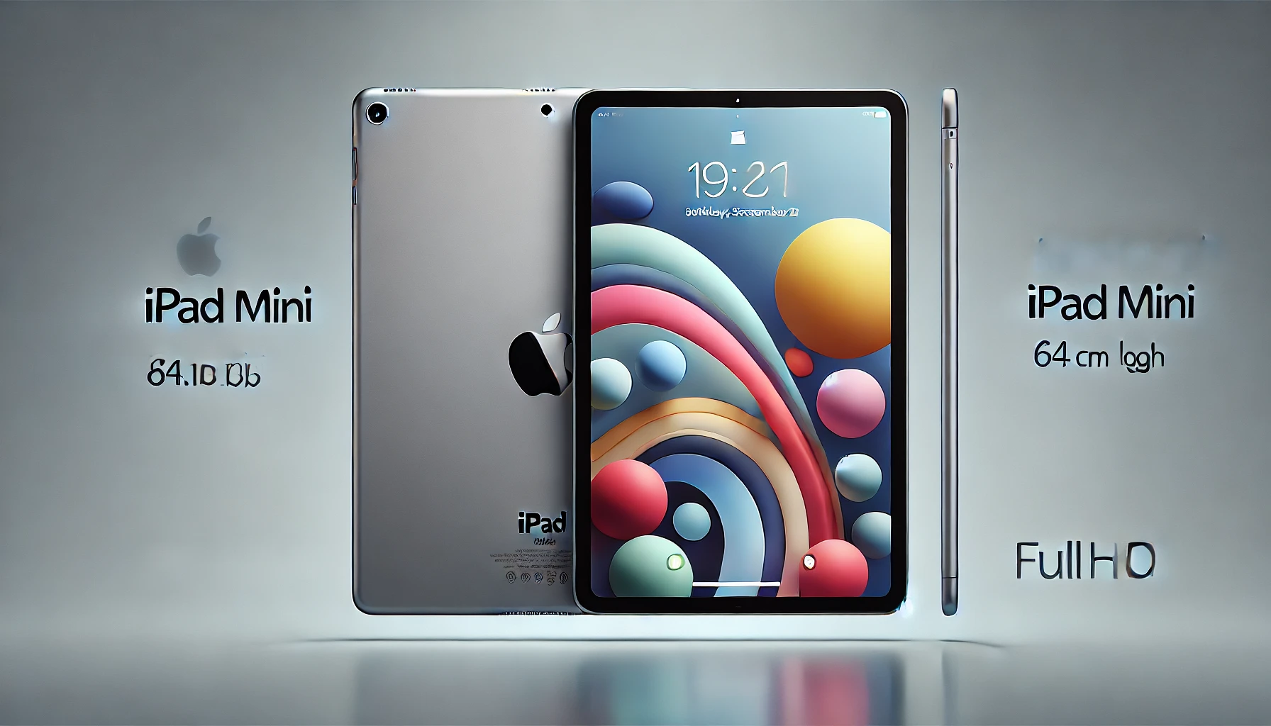 DALL·E 2024-08-16 14.05.01 - A high-resolution image of an Apple iPad mini with 64GB storage and a 21.1 cm (8.3-inch) screen, in gray. The iPad is shown both front and back, with