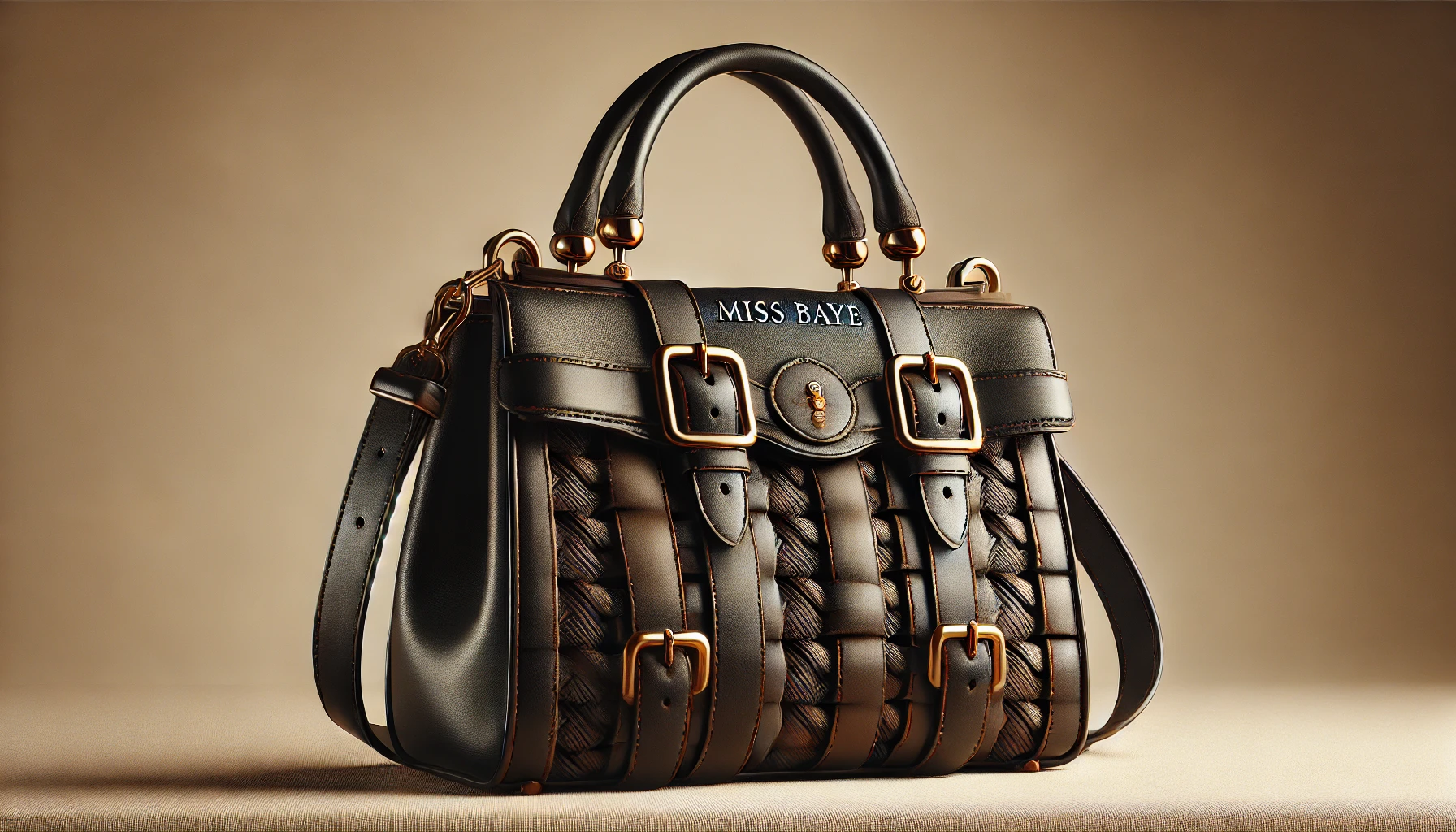 DALL·E 2024-08-16 14.15.02 - A high-resolution image of an Italian vintage leather handbag by MISS BAYE. The bag is black with a woven leather pattern on the front and gold buckle
