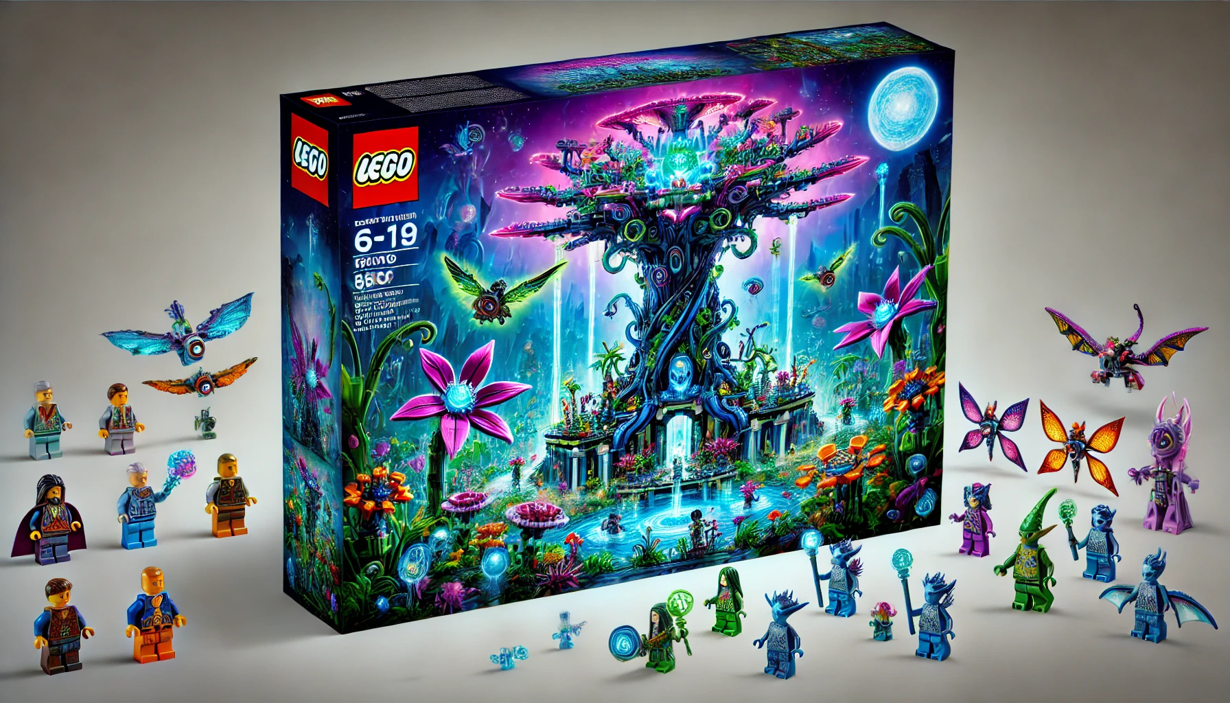 DALL·E 2024-08-16 14.36.53 - A high-resolution image of a LEGO-style building set box featuring a fantastical world with vibrant, bioluminescent plants, large flying creatures, an