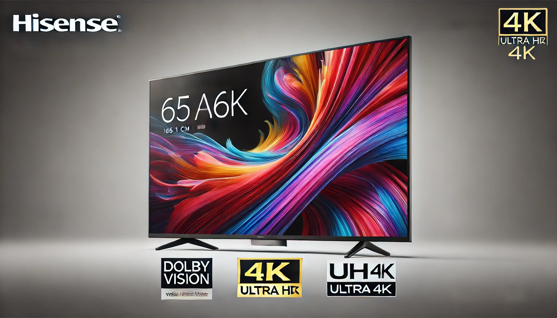 DALL·E 2024-08-16 14.50.19 - A high-resolution image of a Hisense 65A6K television with a 165.1 cm (65-inch) screen, featuring 4K Ultra HD resolution. The TV displays vibrant visu
