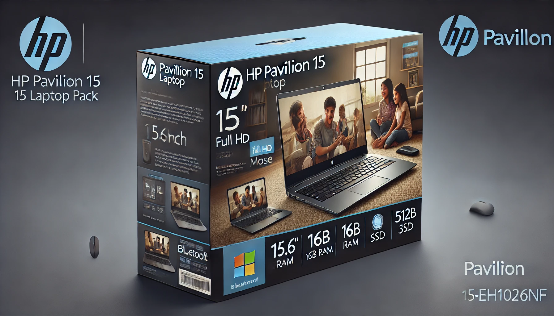 DALL·E 2024-08-16 15.06.22 - A high-resolution image of a packaging box for an HP Pavilion 15 laptop pack, model 15-eh1026nf. The box highlights a 15.6-inch Full HD display, R5 pr