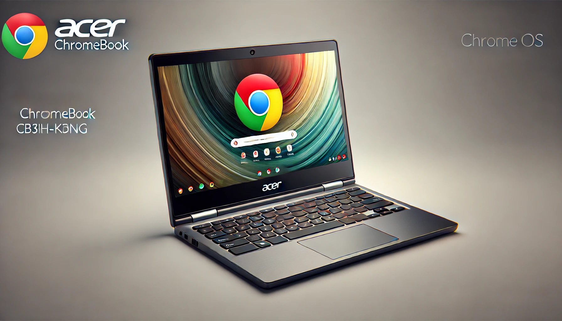 DALL·E 2024-08-16 15.15.09 - A high-resolution image of an Acer Chromebook CB314-2H-K7NG, featuring a 14-inch display. The screen shows the Chrome OS interface. The laptop has a s