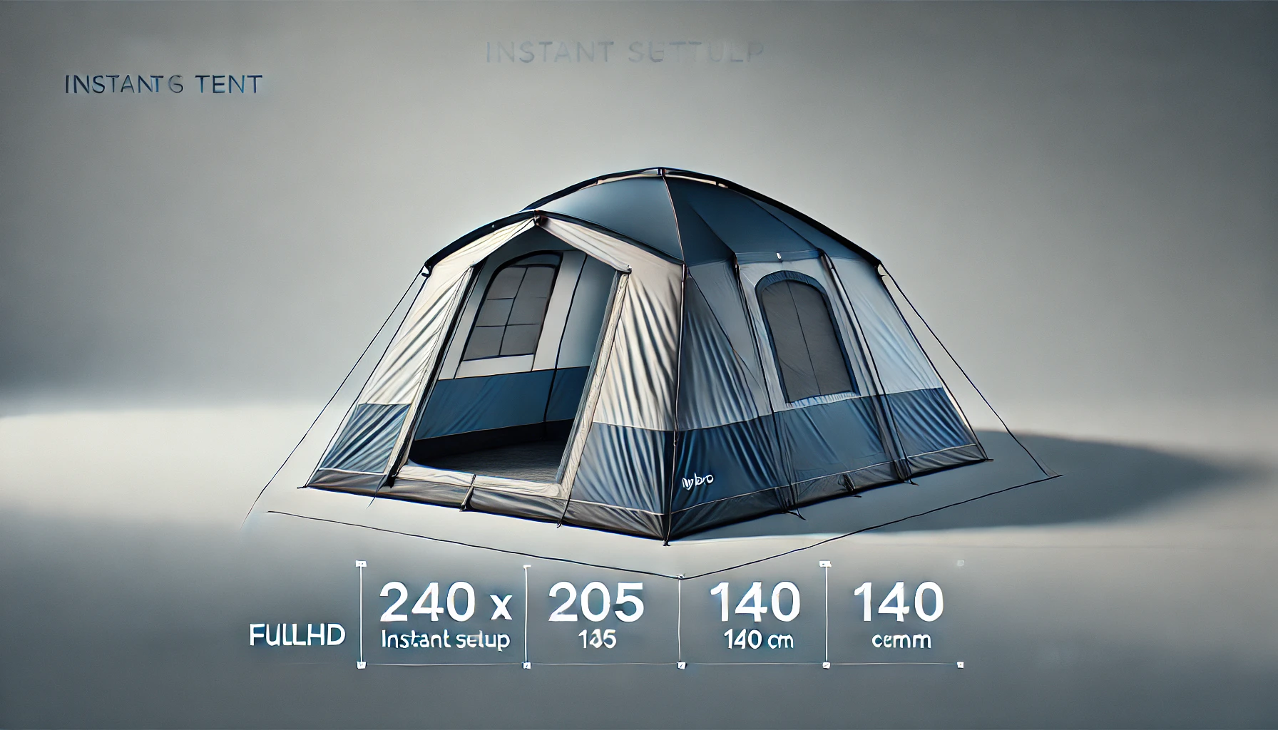 DALL·E 2024-08-16 15.40.38 - A high-resolution image of a Nybro instant setup camping tent, measuring 240 x 205 x 140 cm. The tent is primarily blue with dark grey accents, featur