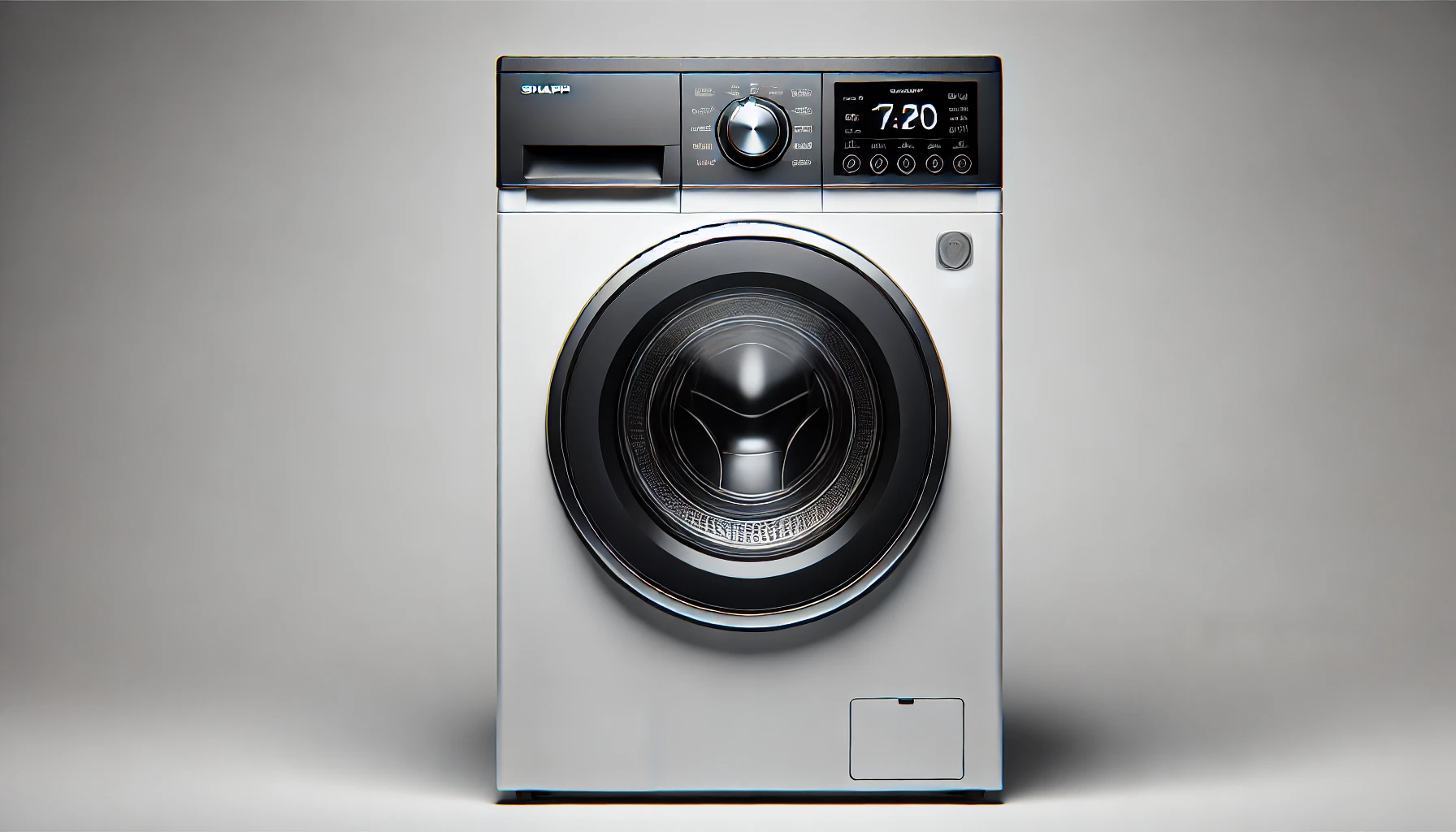 DALL·E 2024-09-02 11.00.27 - Image of a modern, sleek front-loading washing machine by Sharp, model ES-NFB814AWNA. The machine is viewed from the front, centered in the image, fea