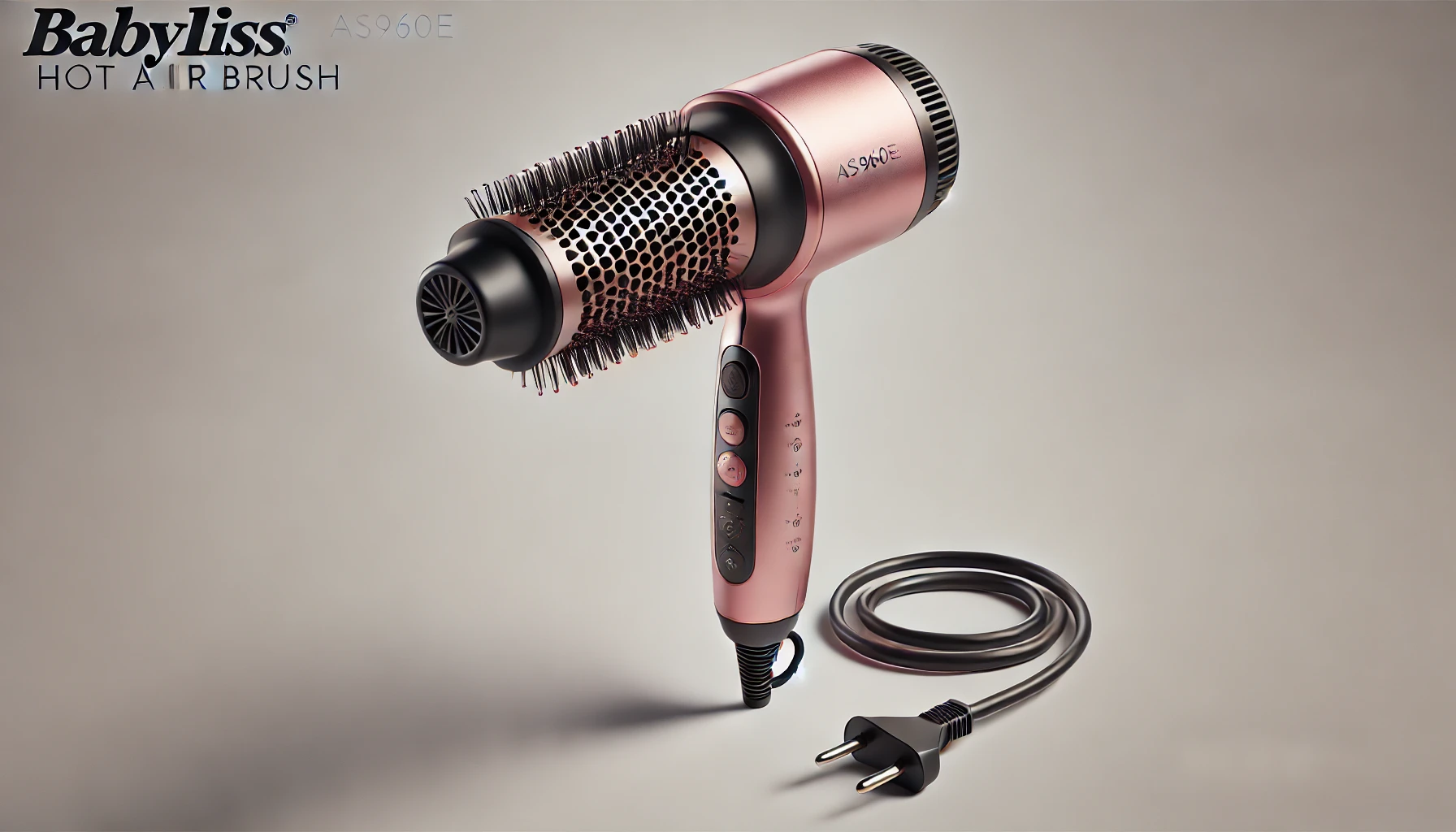 DALL·E 2024-09-02 11.15.15 - Image of a BaByliss hot air brush, model AS960E Beliss Big Hair 1000, in metallic pink color. The brush has a cylindrical rotating head with black bri