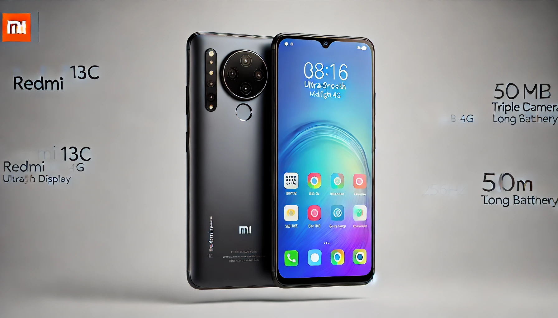 DALL·E 2024-09-02 11.43.37 - Image of a Xiaomi smartphone, model Redmi 13C, 256GB 4G, in Midnight Black color. The phone is shown from the front with its screen on, displaying key