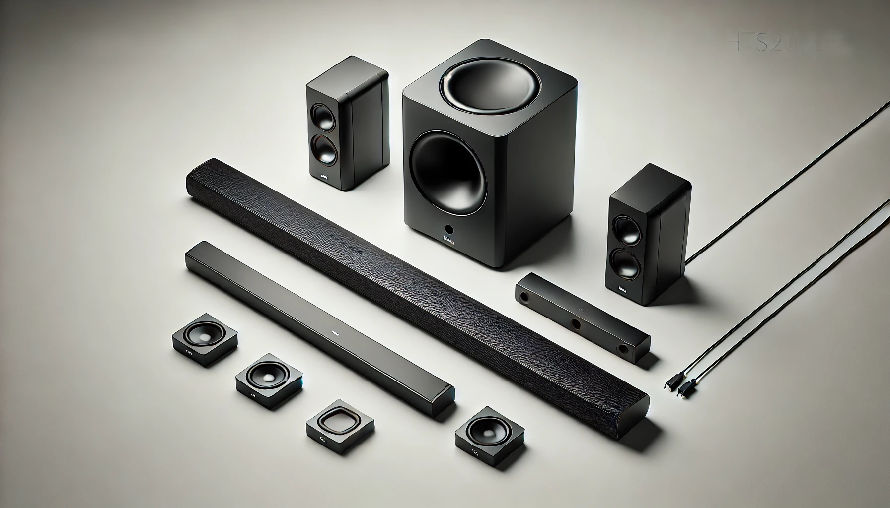 DALL·E 2024-09-02 11.50.37 - Image of an HTS20R.CEL sound system consisting of a soundbar, a subwoofer, and two rear wired speakers. All elements are black and arranged in a linea