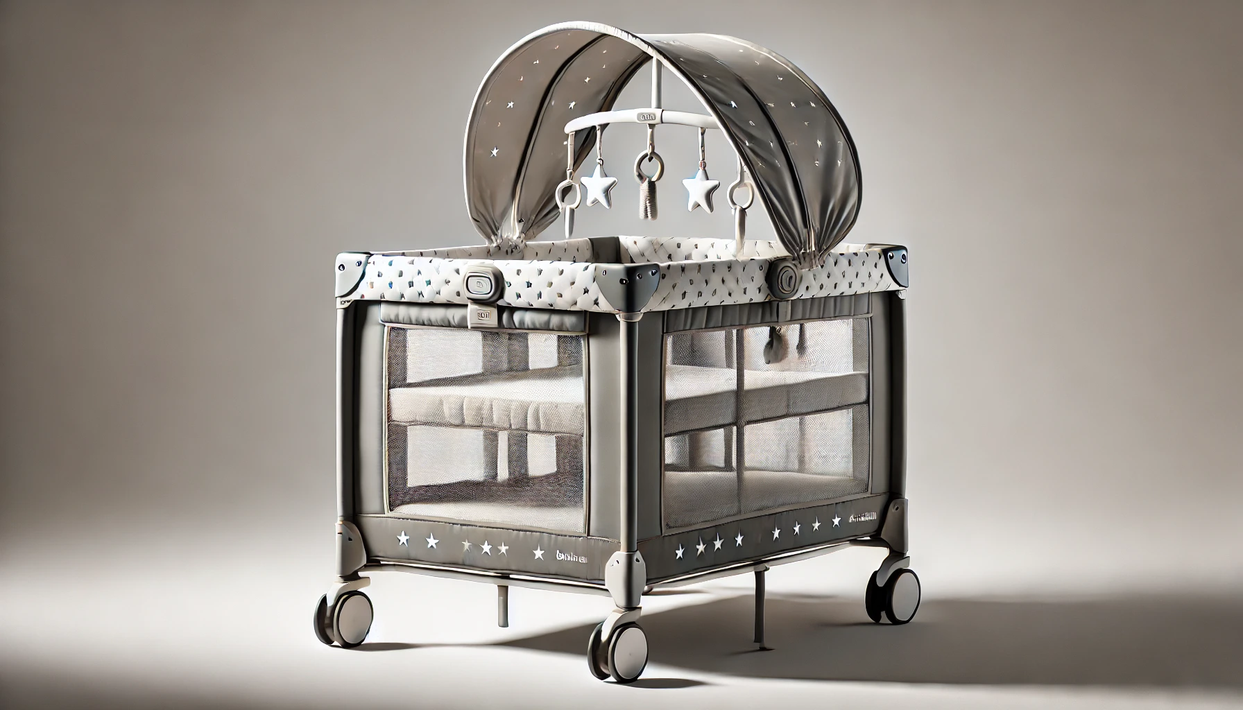 DALL·E 2024-09-02 12.19.38 - Image of a Moby System travel crib for babies, in gray color with white star patterns. The crib has two mattress levels, with an upper level for babie
