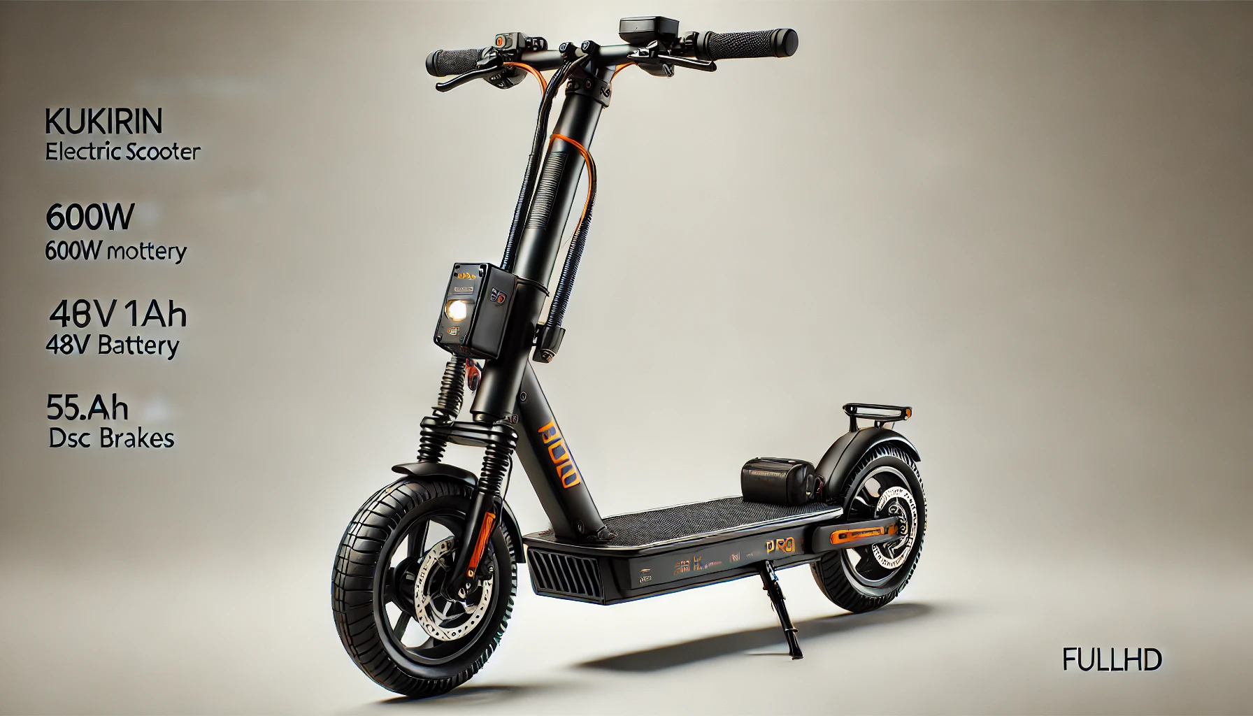 DALL·E 2024-09-02 12.23.10 - Image of a KuKirin G2 Pro electric scooter, featuring a 600W motor and a 48V 15.6AH battery, providing a range of 58 km. The scooter is black with ora