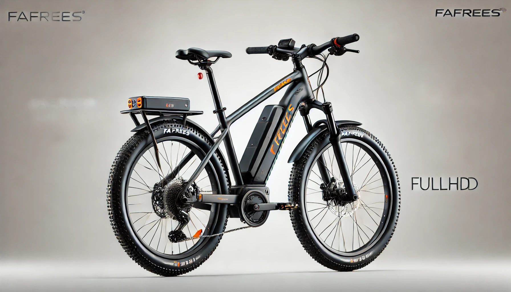 DALL·E 2024-09-02 12.26.27 - Image of a FAFREES Hailong One electric bike, in black color with orange accents. The bike features a 250W motor and a 468WH battery providing a range