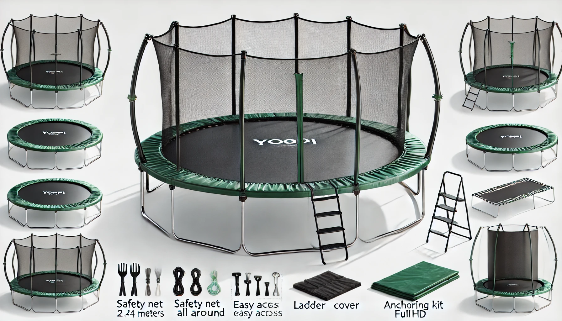 DALL·E 2024-09-02 12.35.28 - Image of a 'Yoopi' trampoline with a diameter of 2.44 meters, equipped with a safety net all around, a ladder for easy access, a protective cover, and
