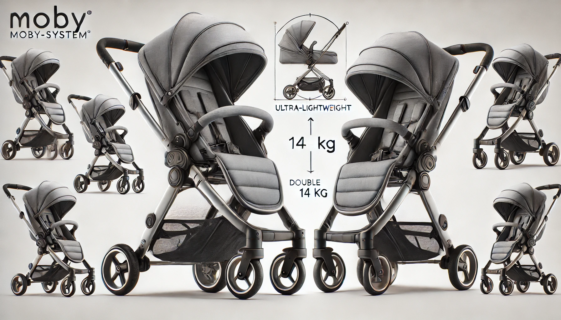 DALL·E 2024-09-02 12.47.45 - Image of an ultra-lightweight Moby-System stroller, suitable for babies up to 14 kg. The stroller is gray, equipped with double swivel wheels for bett
