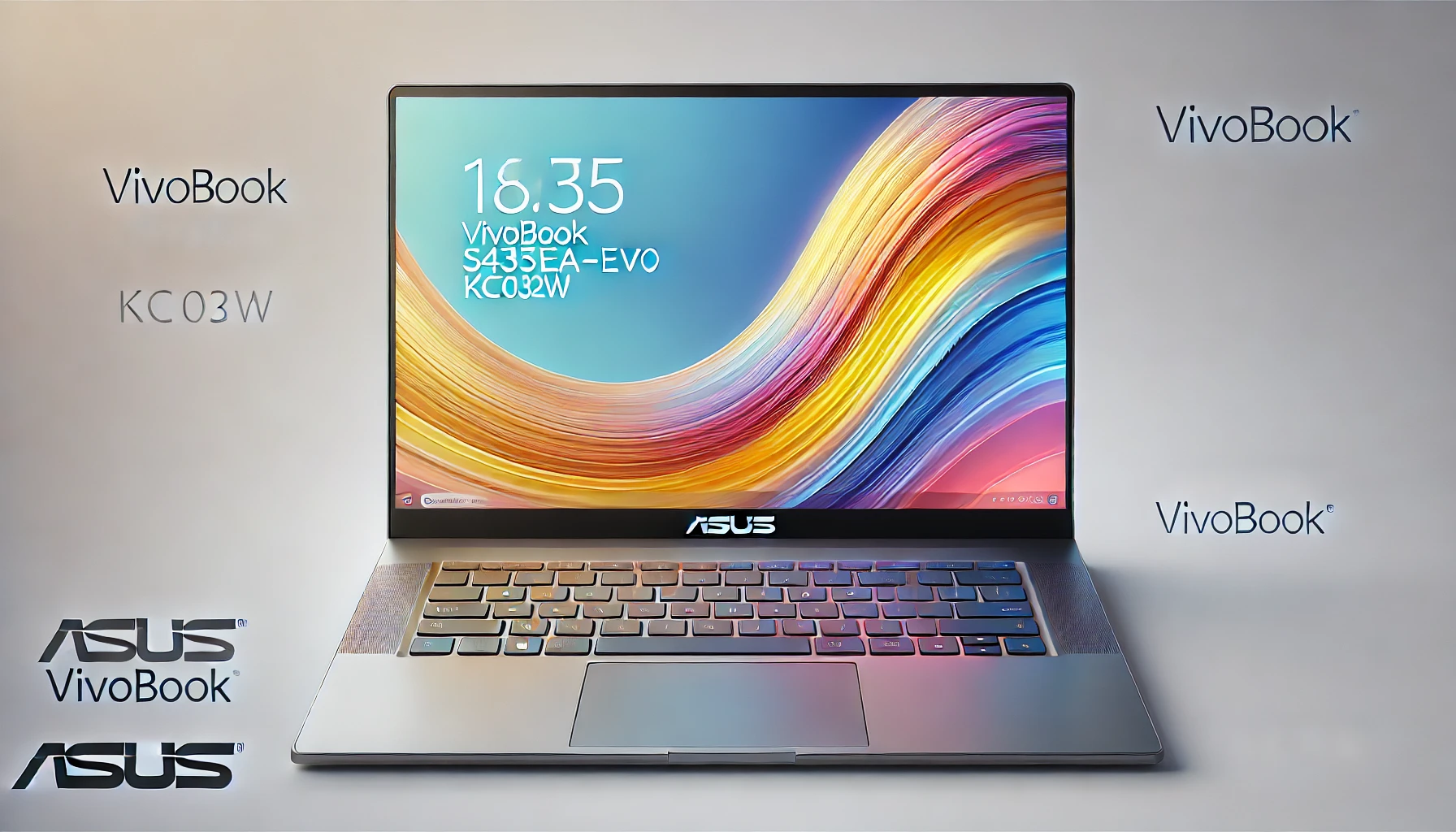DALL·E 2024-09-02 13.17.12 - Image of an Asus laptop model VivoBook S435EA-EVO-KC032W with a 14-inch display. The laptop has a sleek design with a slim bezel and metallic finish.
