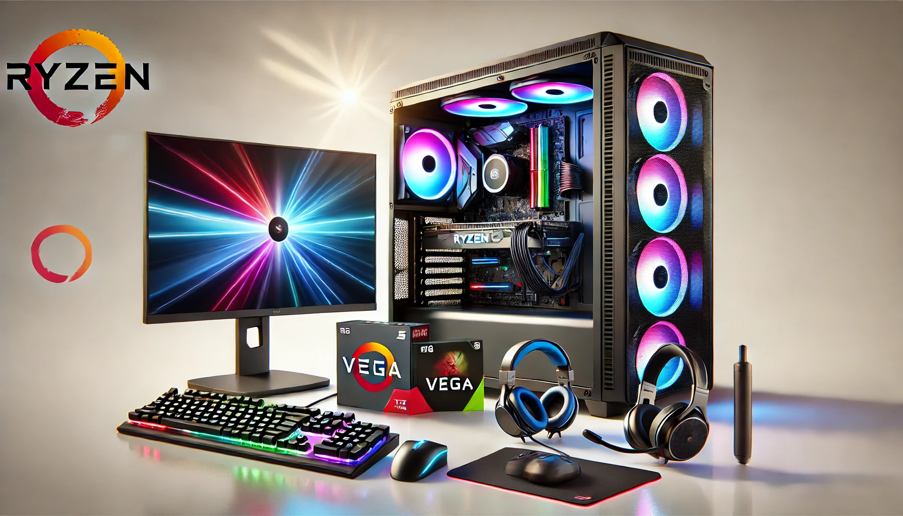 DALL·E 2024-09-02 13.33.56 - Image of a complete gaming kit including a desktop PC equipped with a Ryzen 5 5600G processor, 16GB of RAM, an RX VEGA graphics card, and a 1TB M.2 SS