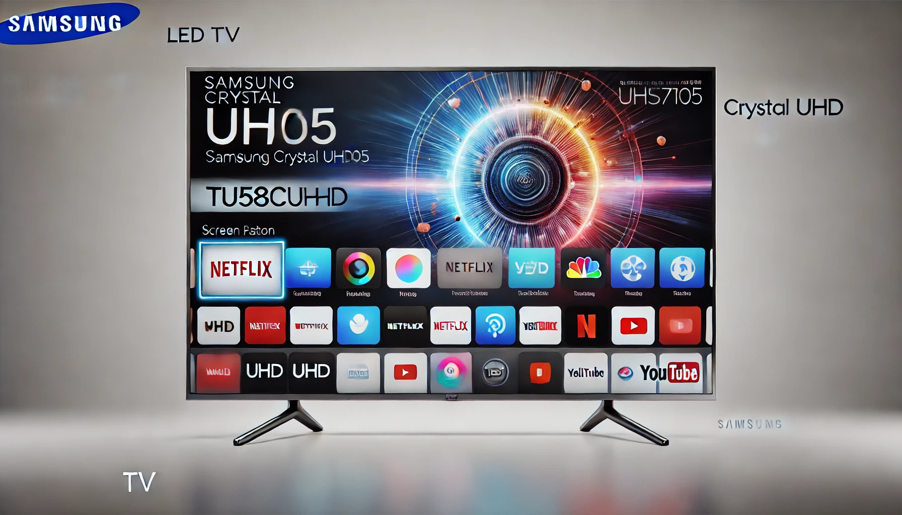 DALL·E 2024-09-02 13.42.28 - Image of a Samsung LED TV model TU58CU7105 with a large screen displaying a modern user interface, including streaming apps like Netflix and YouTube.