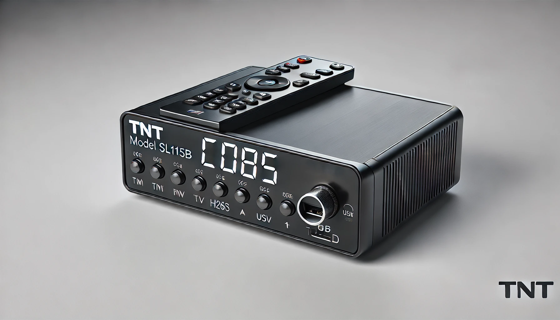DALL·E 2024-09-02 13.51.55 - Image of a TNT decoder model SL115B, compatible with H265 format and equipped with a recording function. The decoder is black with a digital display o