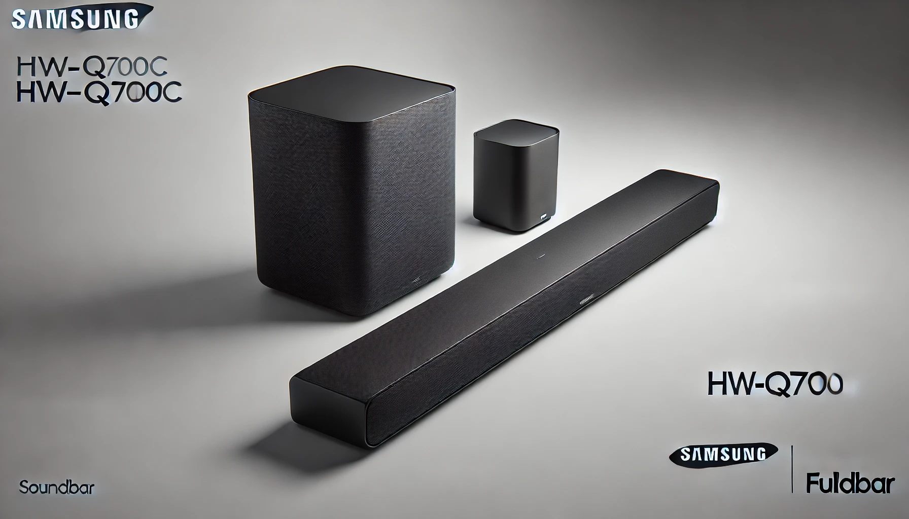 DALL·E 2024-09-02 14.27.21 - Image of a Samsung soundbar model HW-Q700C in black color, accompanied by a matching wireless subwoofer. The soundbar has a modern and sleek design, w