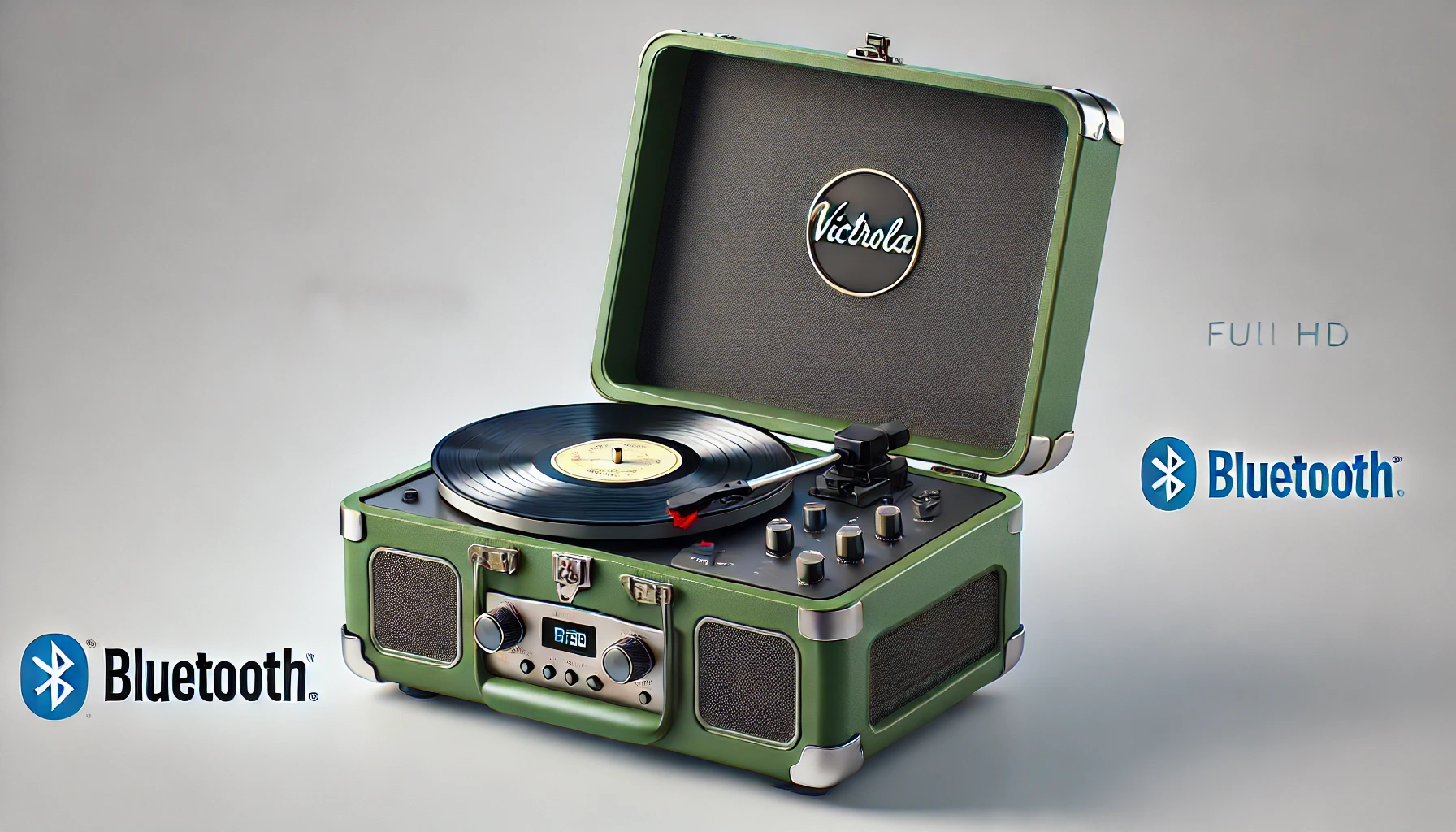 DALL·E 2024-09-02 14.47.40 - Image of a portable suitcase-style vinyl record player by Victrola, model Re-Spin, in green color. The record player is equipped with Bluetooth connec