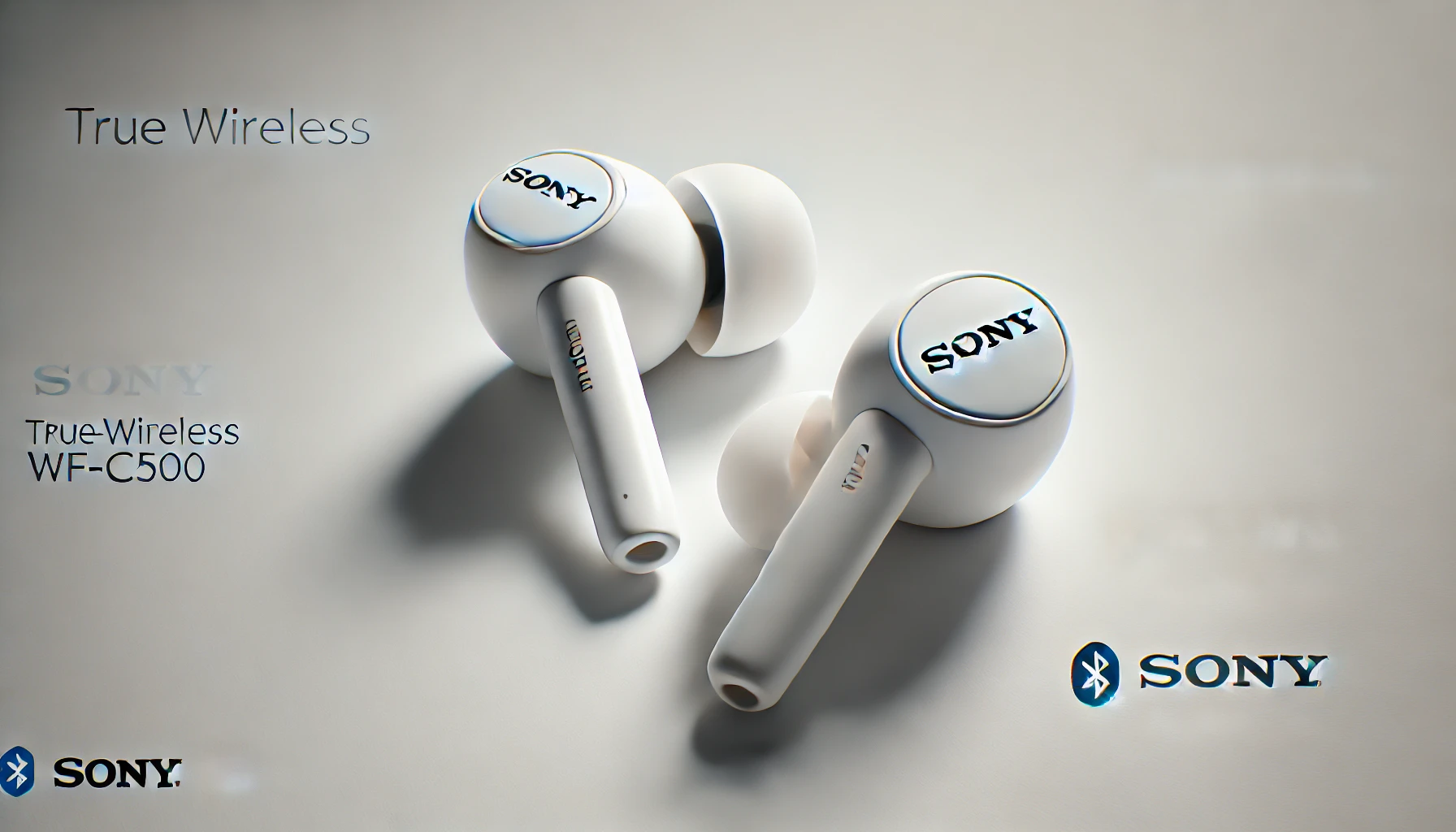 DALL·E 2024-09-02 14.54.20 - Image of a pair of TrueWireless Sony earbuds, model WF-C500, in white color. The earbuds have a compact and ergonomic design with silicone tips for a