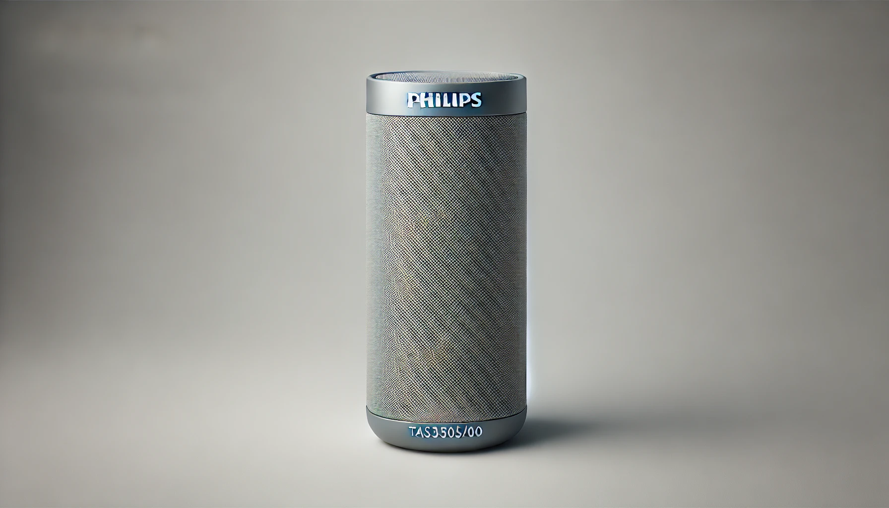 DALL·E 2024-09-02 14.58.00 - Image of a Philips portable speaker model TAS3505_00 in gray color. The speaker has a compact and cylindrical design, made for easy portability. The t