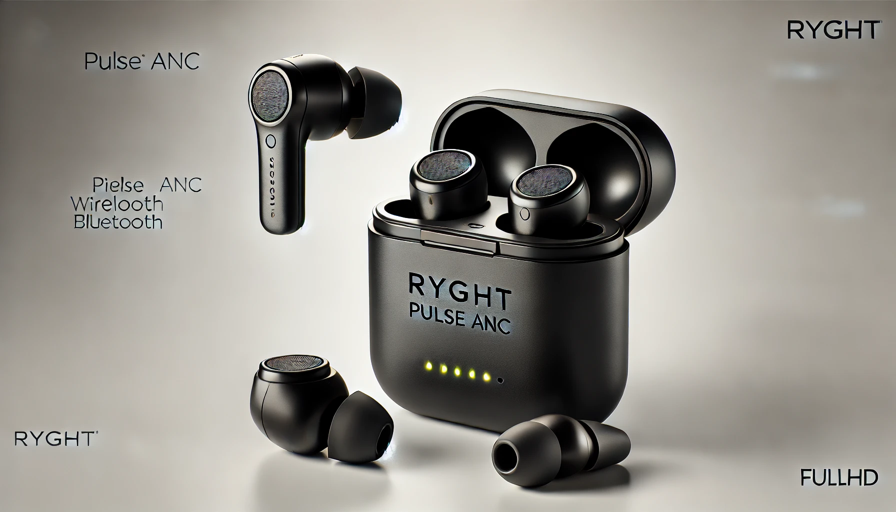 DALL·E 2024-09-02 15.01.55 - Image of a pair of Ryght Pulse ANC wireless Bluetooth earbuds in black color, accompanied by a matching charging case. The earbuds have a sleek and er