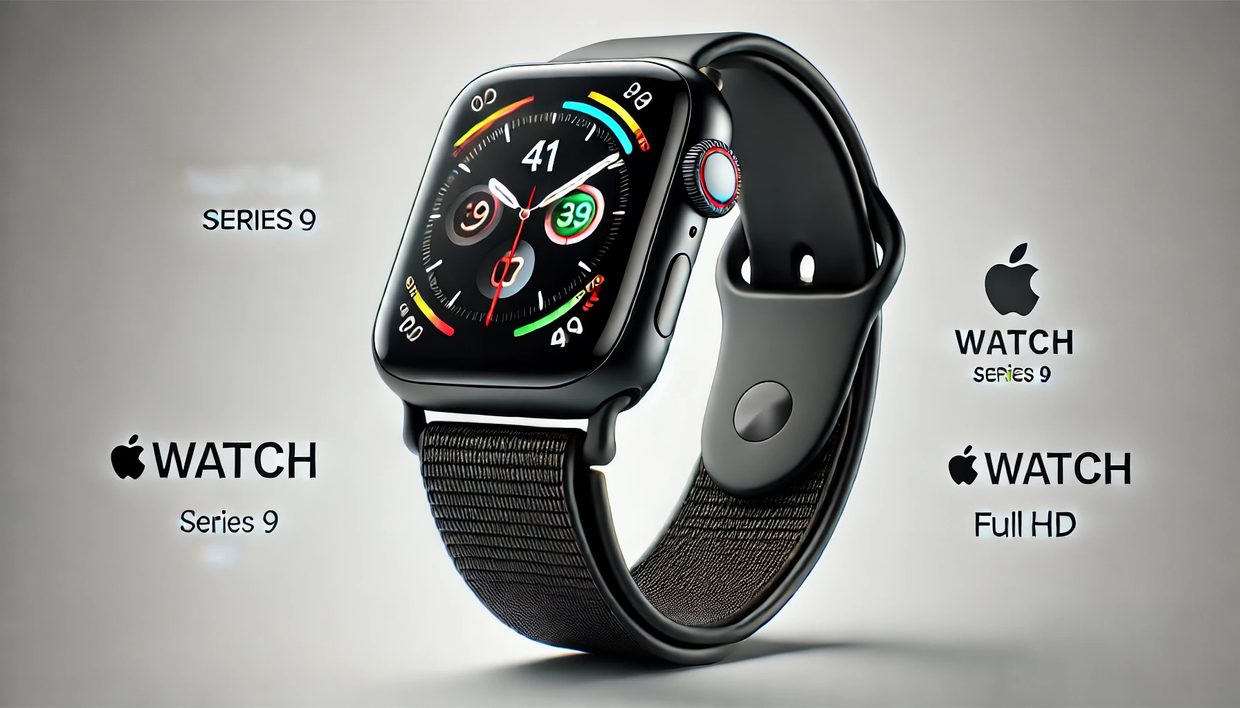 DALL·E 2024-09-02 15.17.05 - Image of an Apple Watch Series 9 with a 41mm case in black color. The watch is equipped with a digital touchscreen display with a resolution of 352 x