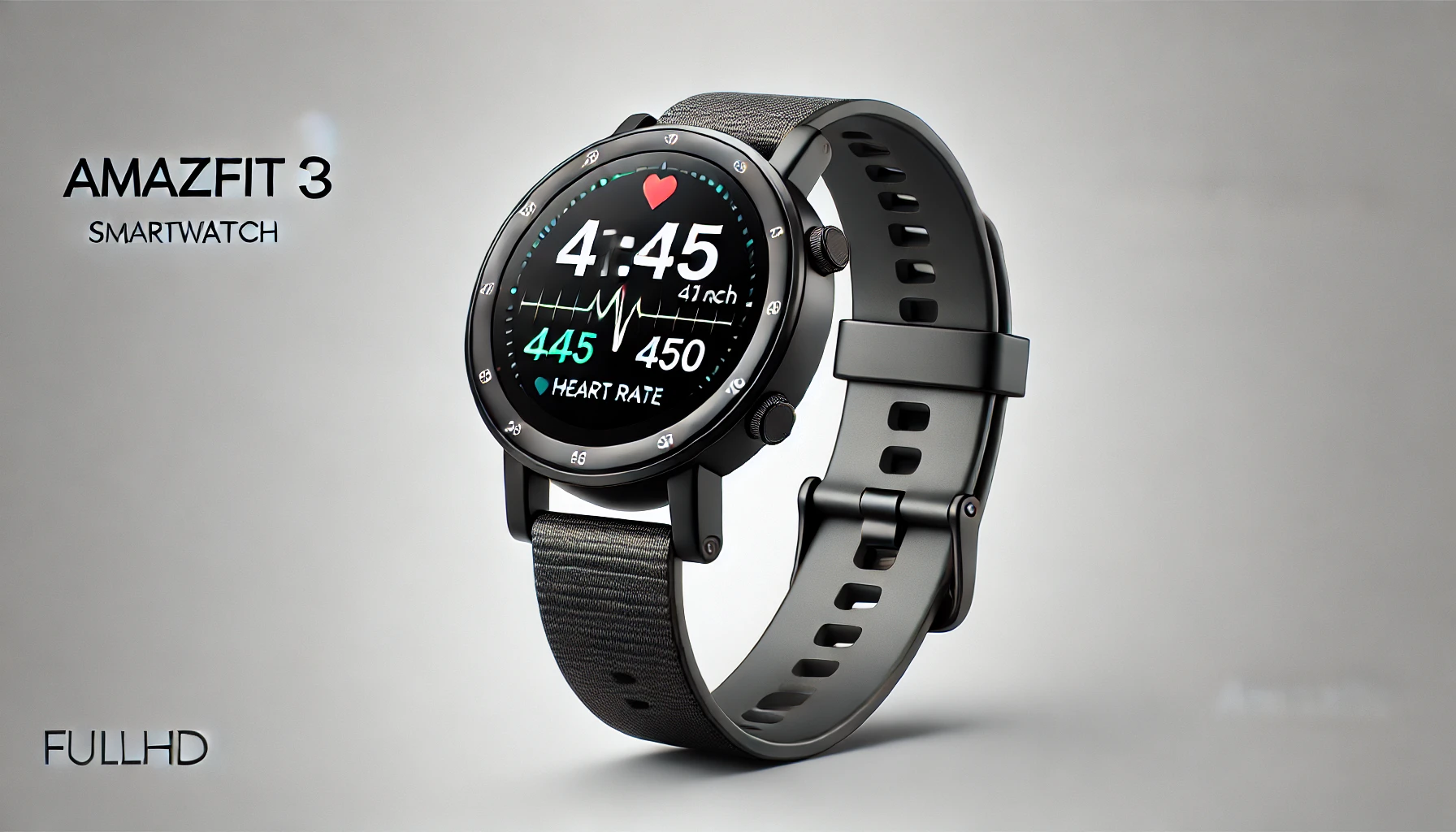 DALL·E 2024-09-02 16.07.57 - Image of an Amazfit GTS 3 smartwatch with a 4.45 cm (1.75 inch) AMOLED display, 42mm case in Graphite color. The watch features a digital touchscreen