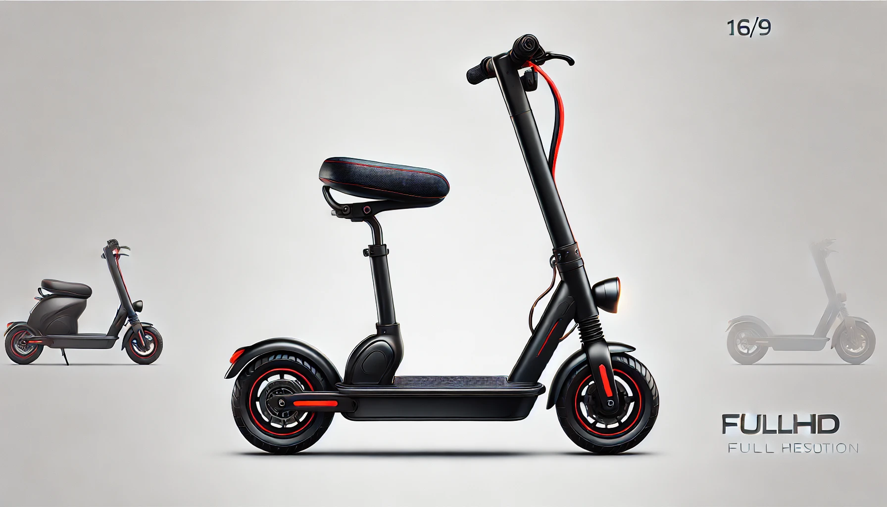 DALL·E 2024-09-02 16.54.08 - Image of a black electric scooter with red accents, featuring a comfortable seat. The scooter is designed for practical and comfortable riding, with a