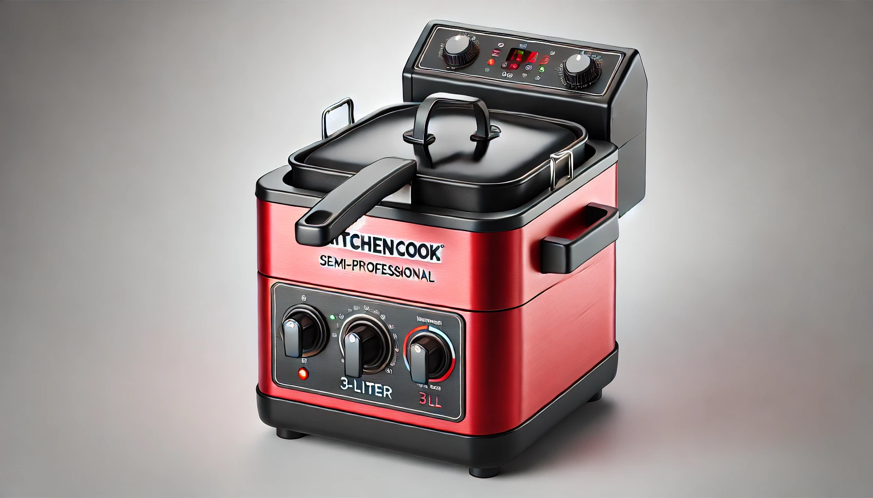 DALL·E 2024-09-02 18.01.50 - Image of a Kitchencook semi-professional stainless steel deep fryer with a large 3-liter capacity, in red color. The fryer features a black lid with a