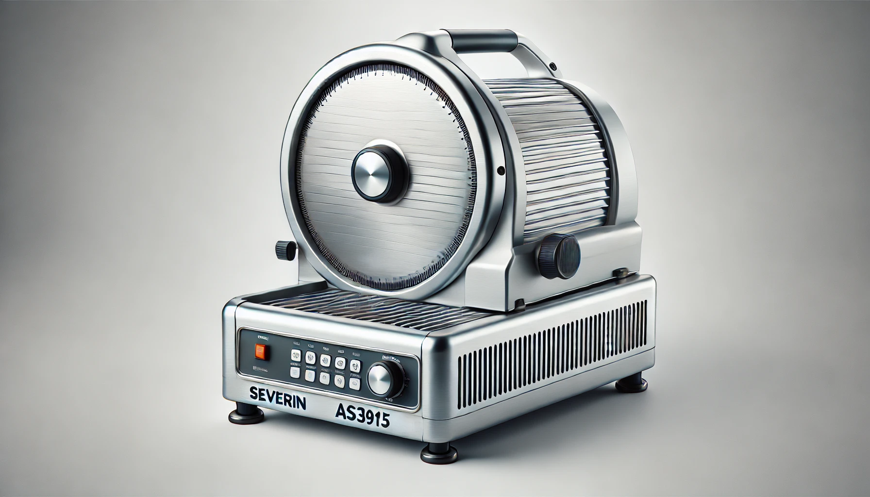 DALL·E 2024-09-03 11.28.38 - Image of a Severin AS3915 slicer. The slicer has a sleek, metallic design with a large, circular blade and a food carriage for safely slicing various