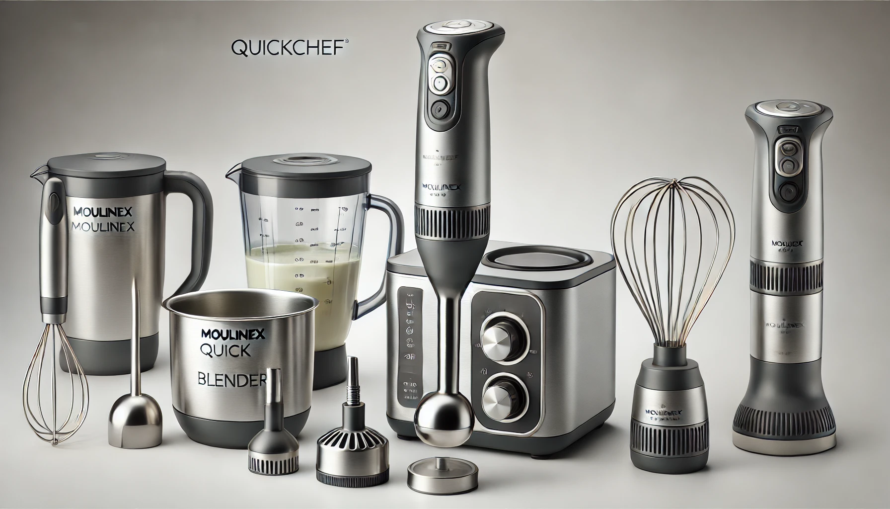 DALL·E 2024-09-03 11.46.08 - Image of a Moulinex Quickchef immersion blender with a 0.8-liter capacity and 1000W power. The blender is in gray and stainless steel with a sleek, er