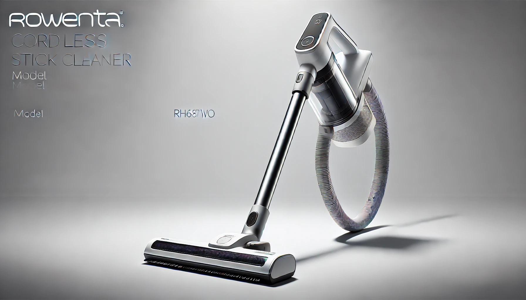 DALL·E 2024-09-03 12.05.33 - Image of a Rowenta cordless stick vacuum cleaner, model RH6837WO. The vacuum is sleek and lightweight, featuring a long, slim handle and a motorized b