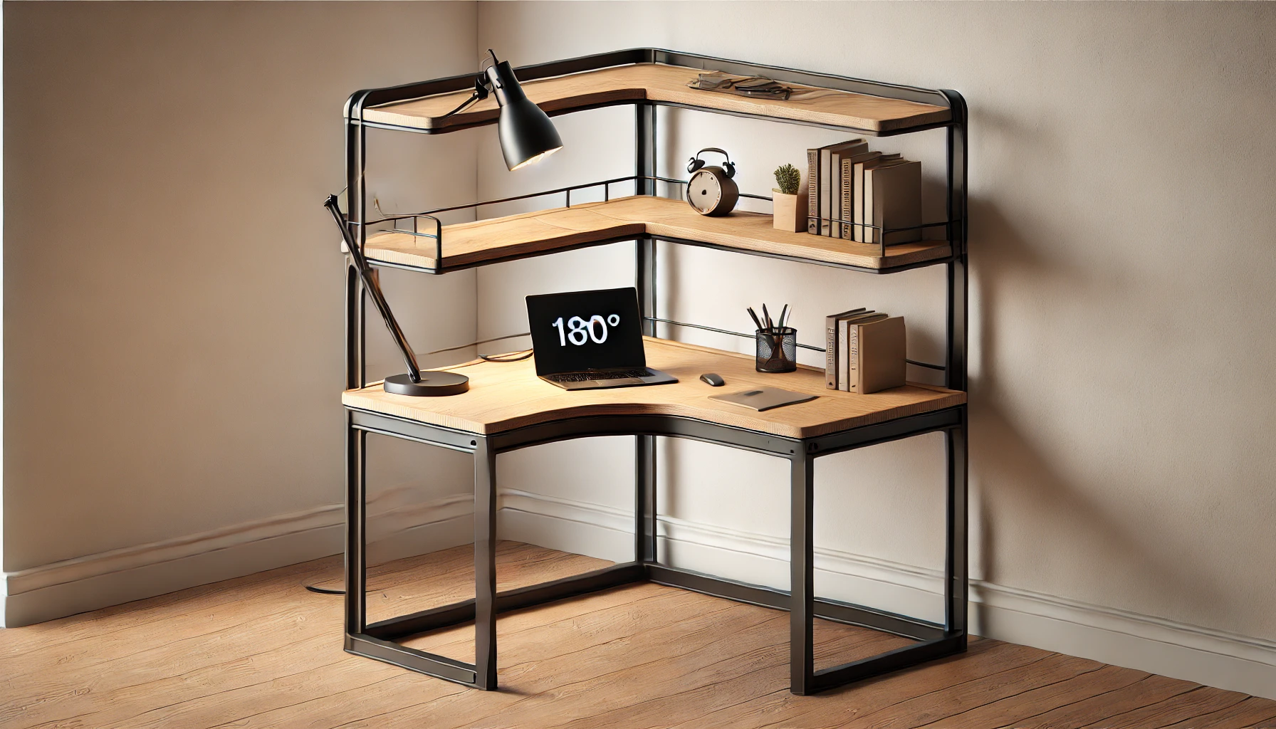 DALL·E 2024-09-03 13.59.30 - A detailed high-resolution image of an IDMARKET corner desk with a 180° rotating DETROIT shelf, designed in an industrial style. The desk is made of l