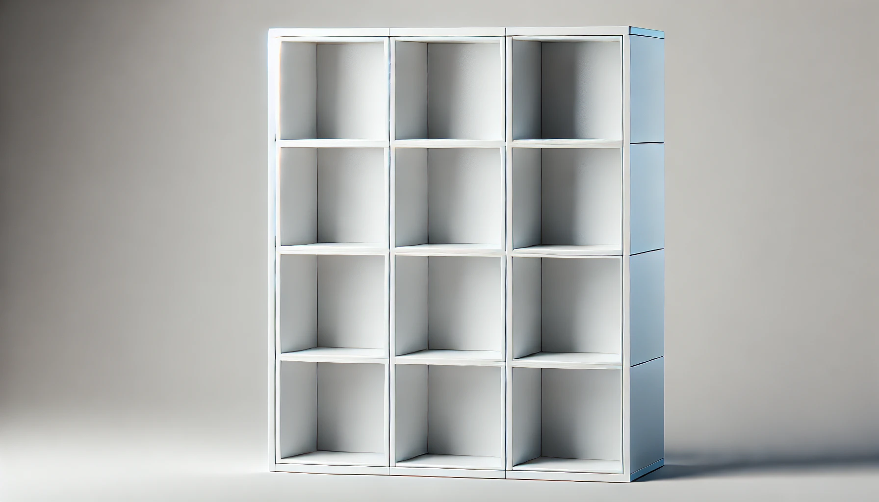 DALL·E 2024-09-03 14.28.08 - A high-resolution image of a white shelf with 6 square compartments. The shelf is rectangular and oriented vertically with three rows and two columns