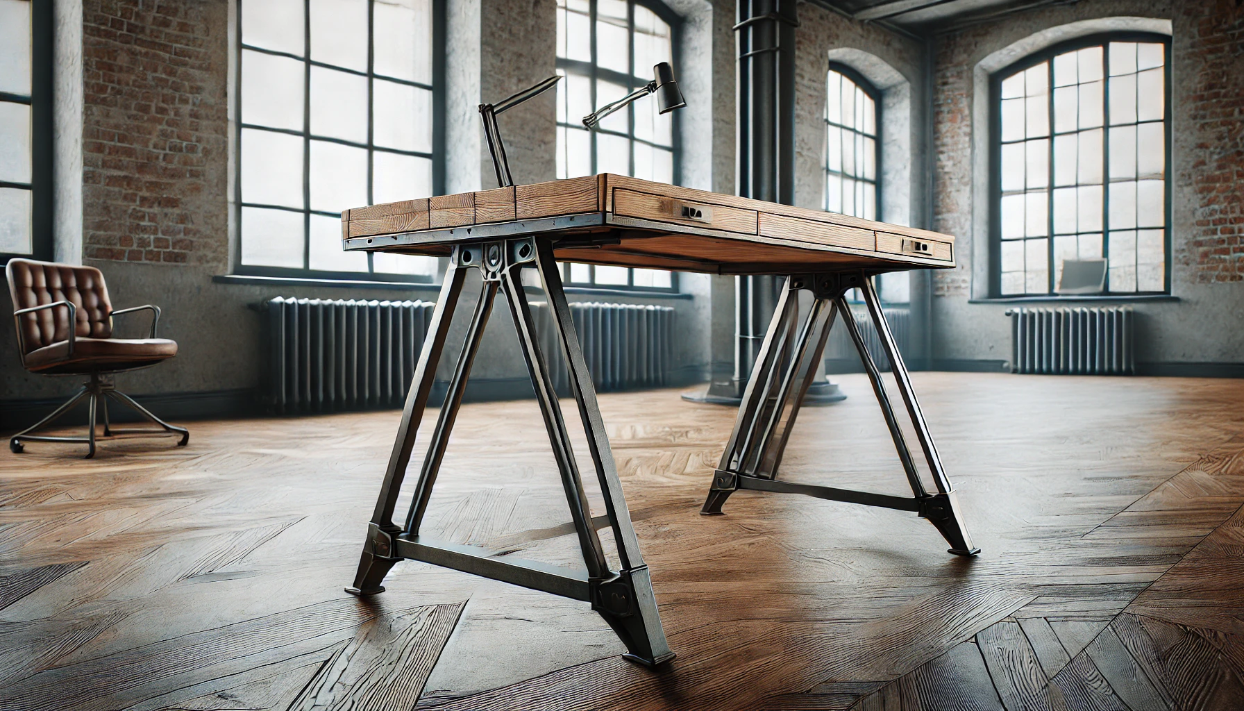 DALL·E 2024-09-03 14.57.11 - A detailed and realistic image of an industrial-style desk made of wood and metal, featuring tripod-style legs with an architect design, suitable for