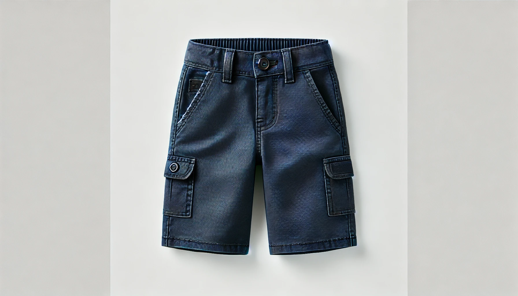 DALL·E 2024-09-03 15.32.40 - A front view image of a boy's navy blue bermuda shorts, centered in the frame. The shorts have side pockets and a central button closure. There is a s