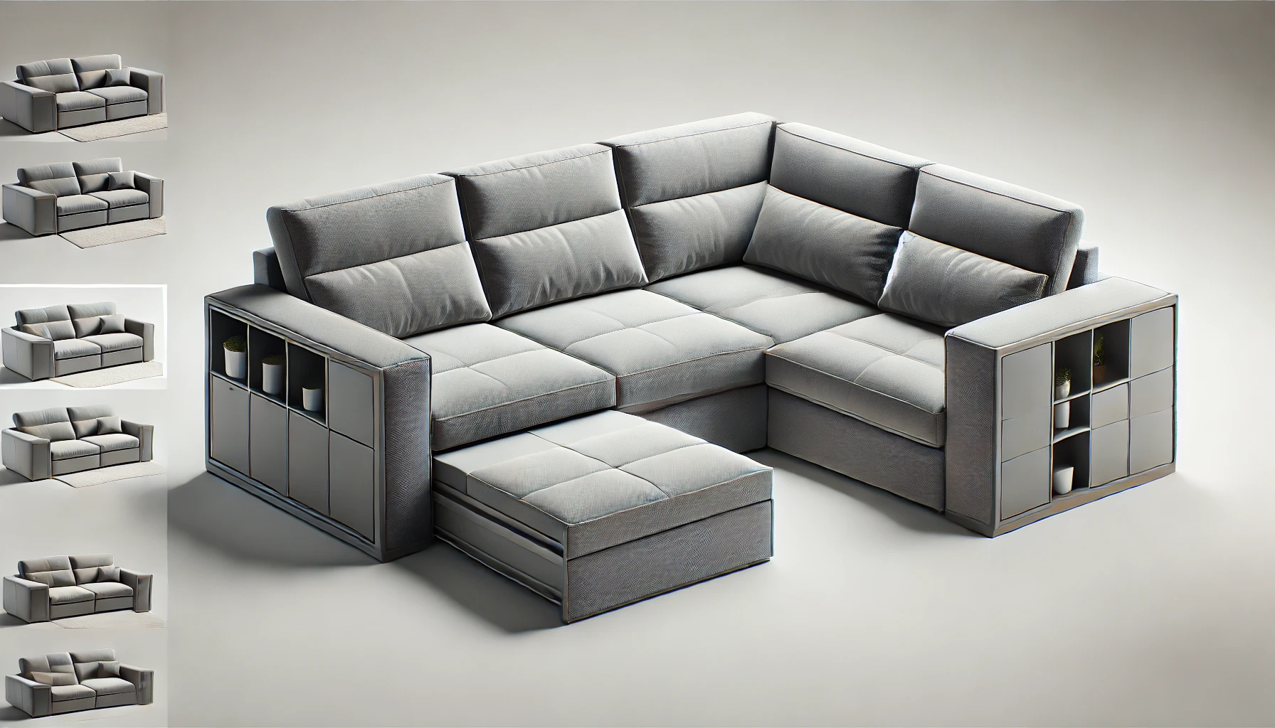 DALL·E 2024-09-04 11.53.28 - A realistic image of a gray convertible and reversible corner sofa designed for three seats. The sofa has a side armrest with built-in storage shelves