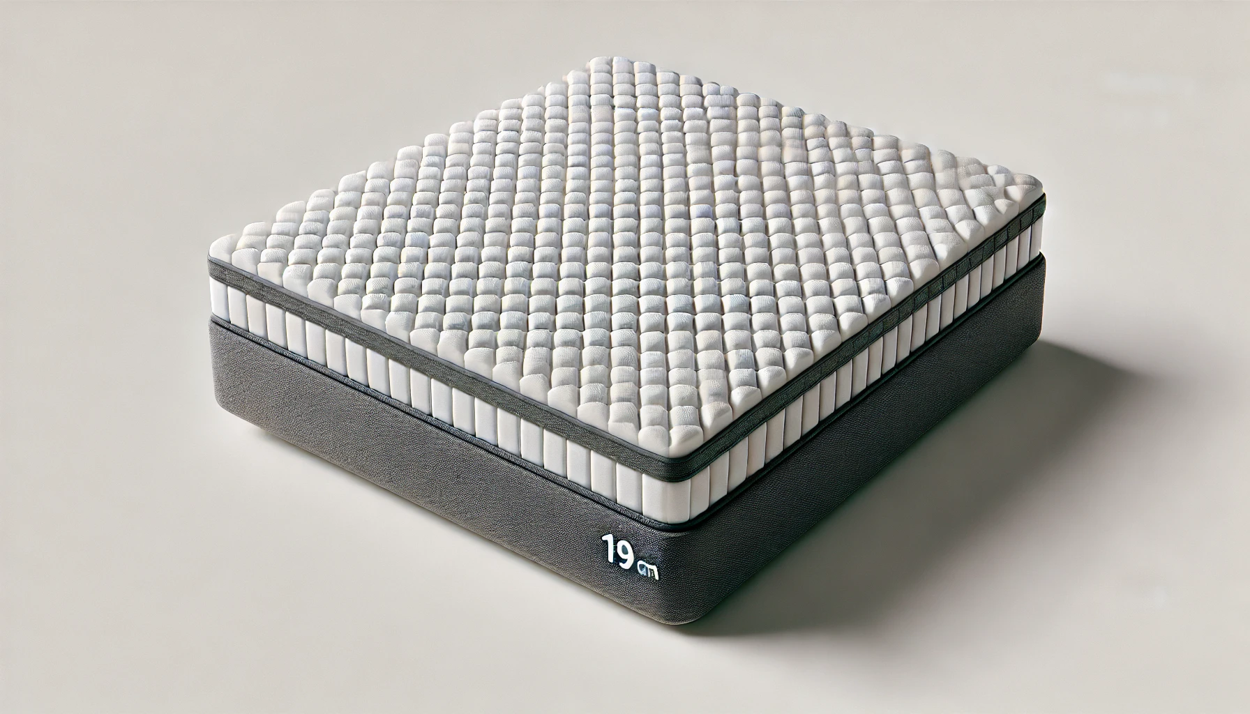 DALL·E 2024-09-04 12.11.39 - A realistic image of a 19 cm thick memory foam mattress with an ergonomic and orthopedic design. The top surface is white with geometric patterns in r