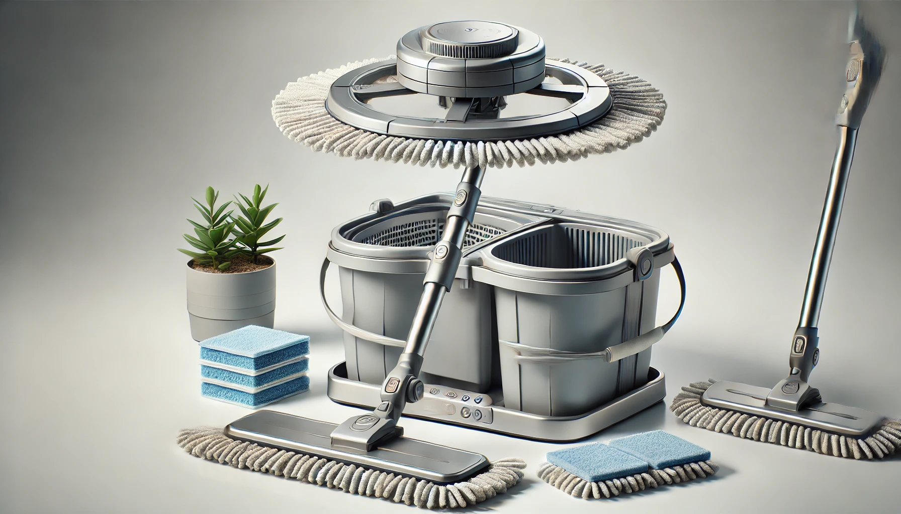 DALL·E 2024-09-04 12.35.47 - A realistic image of an extra-wide magic mop with a 360° rotating head, accompanied by a two-compartment bucket for cleaning and wringing. The mop has