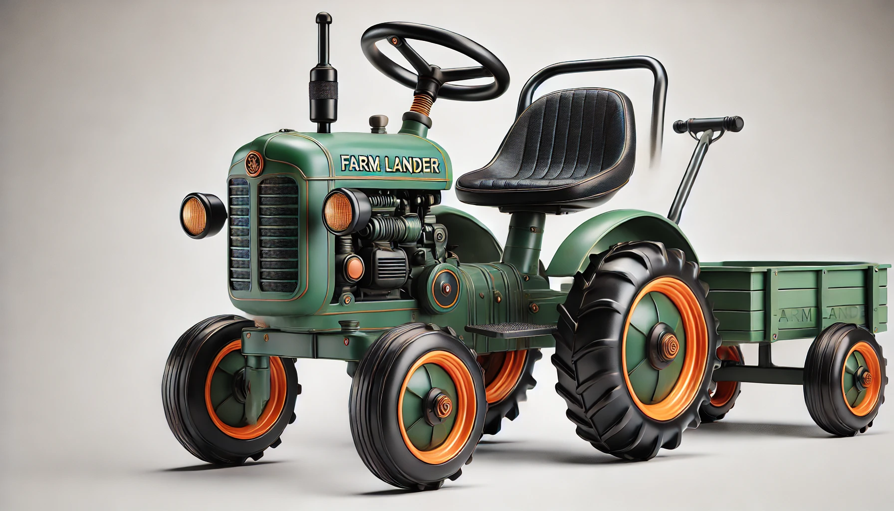 DALL·E 2024-09-04 12.51.28 - A realistic image of a pedal tractor for kids, model 'Farm Lander', in a vintage green color. The tractor is equipped with large black wheels with ora