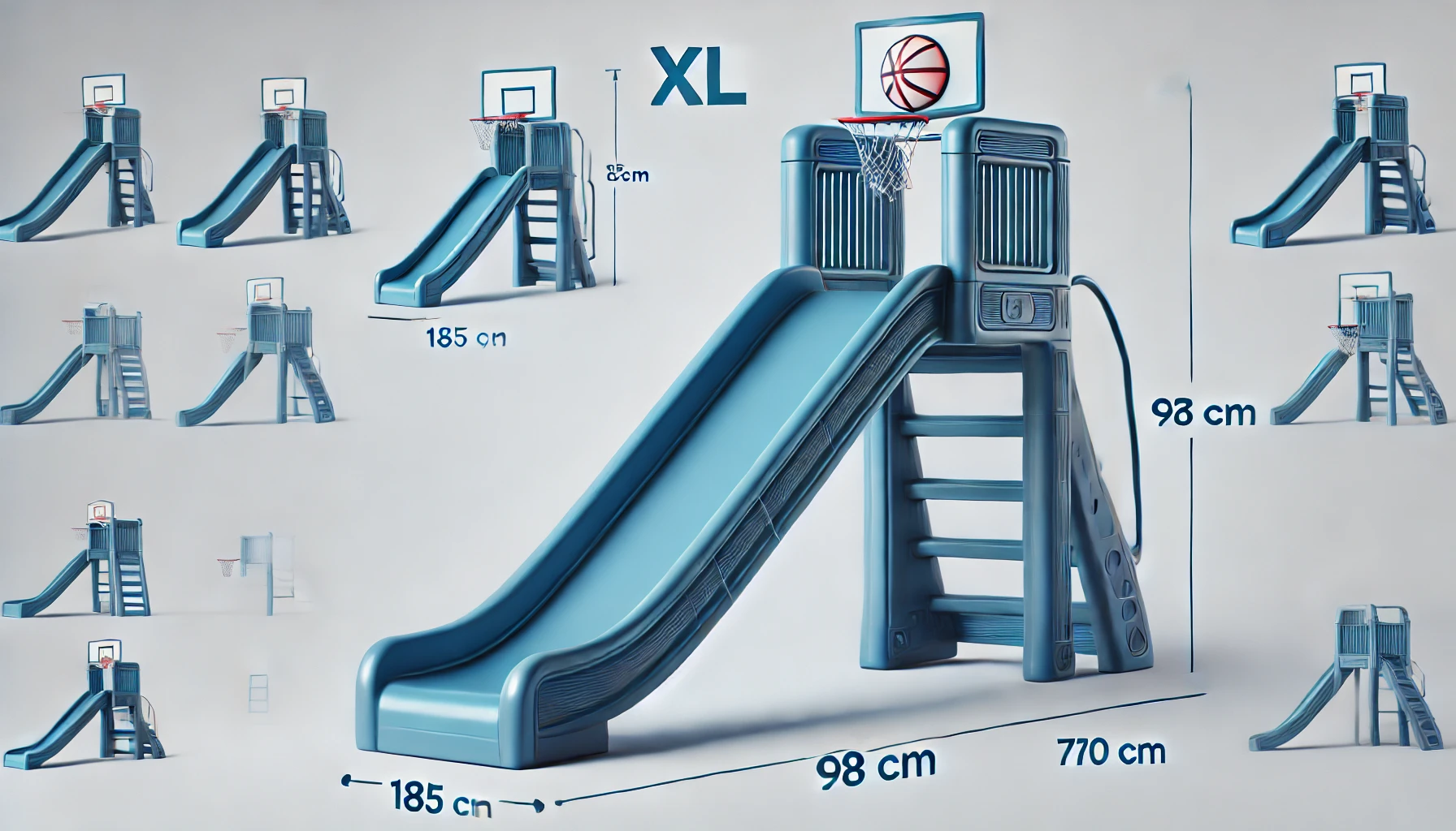 DALL·E 2024-09-04 12.55.57 - A realistic image of an XL children's slide in blue color. The slide measures 185 cm in length, 98 cm in height, and 72 cm in width, with a slope of 1