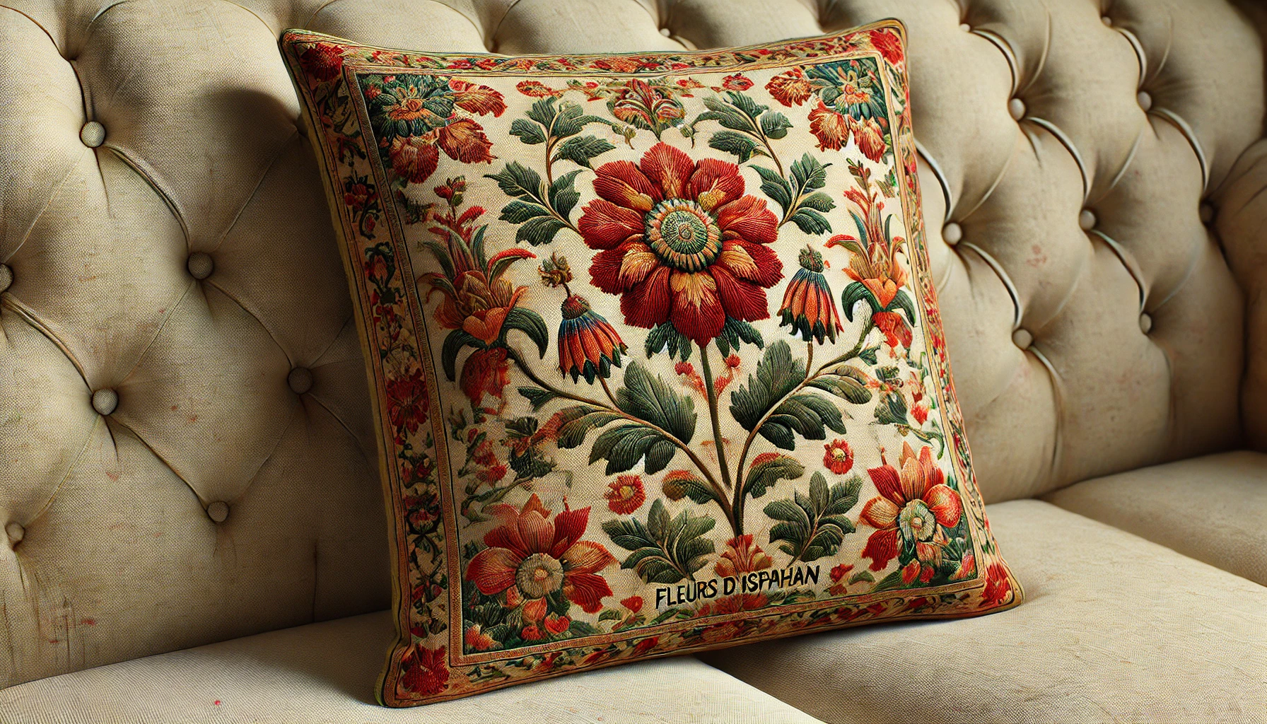DALL·E 2024-09-04 13.02.14 - A realistic image of a rectangular cushion with a rich and complex floral pattern, named 'Fleurs d'Ispahan.' The cushion features large stylized flowe