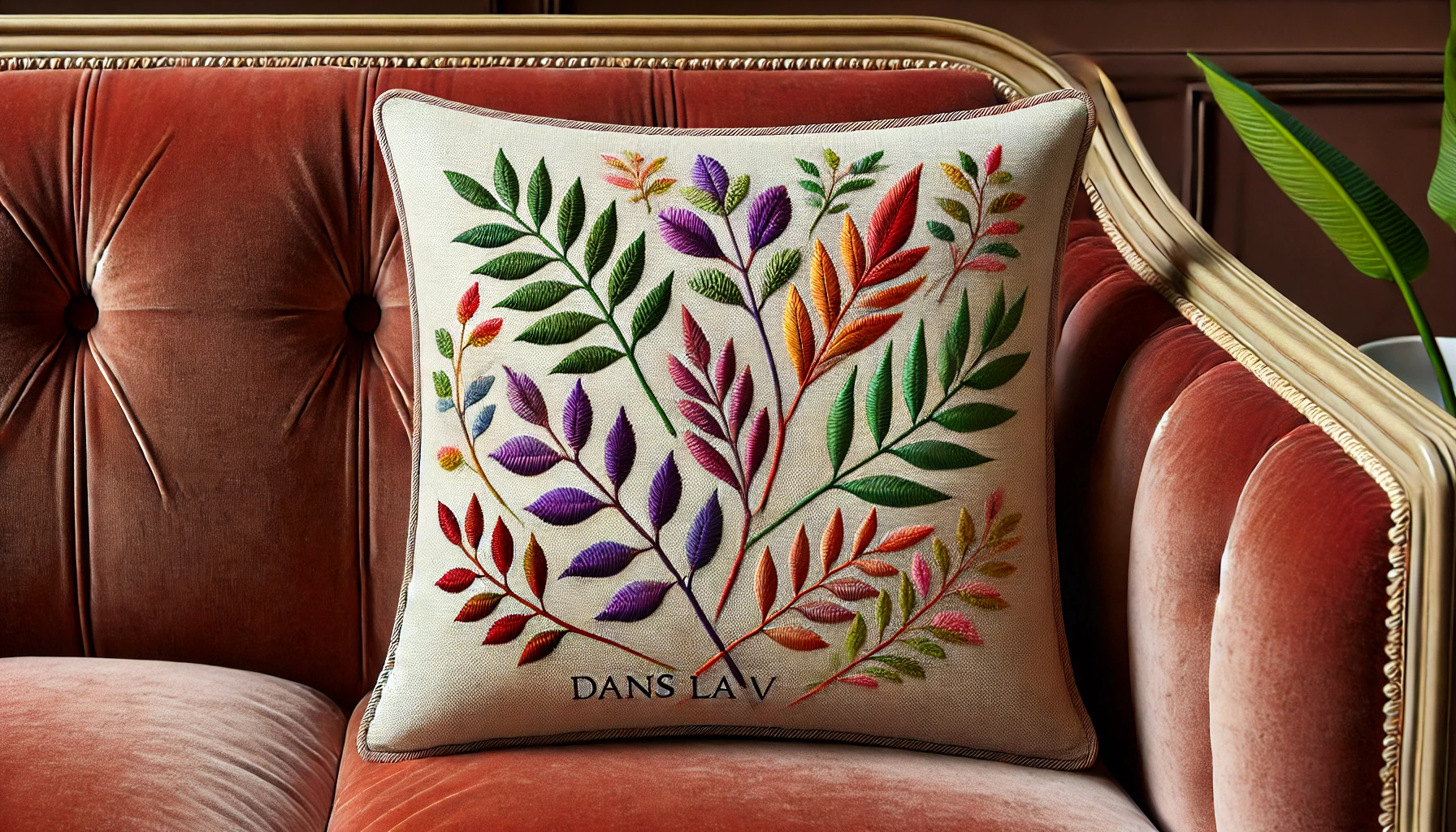 DALL·E 2024-09-04 13.14.57 - A realistic image of a square cushion titled 'Dans la vallée,' featuring an embroidered pattern of colorful leaves in shades of purple, pink, orange,
