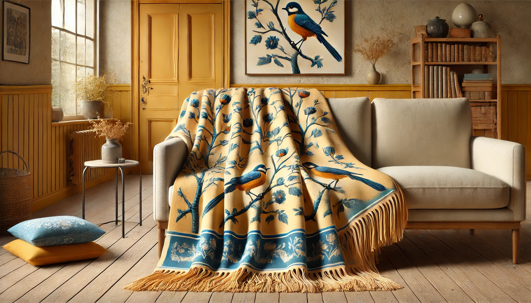 DALL·E 2024-09-04 13.27.54 - A realistic image of a throw blanket titled 'Échappée d'hirondelles,' featuring branch and bird patterns in blue tones on a mustard yellow background