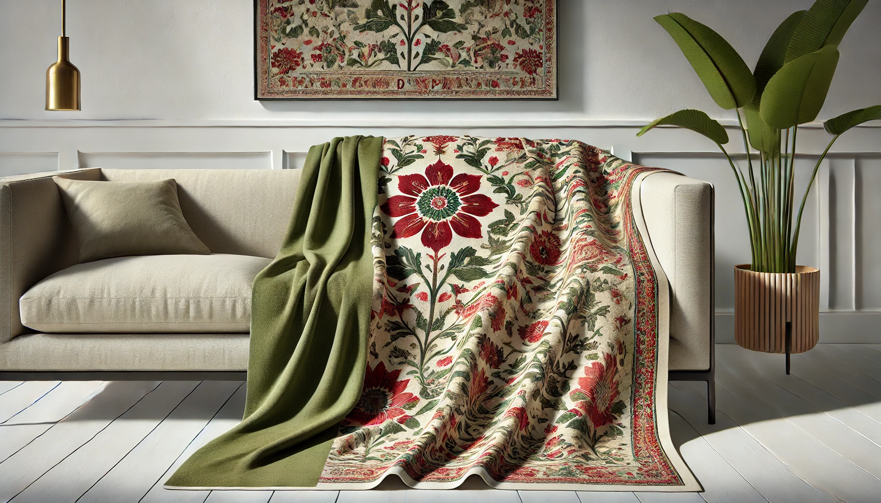 DALL·E 2024-09-04 13.35.11 - A realistic image of a throw blanket titled 'Fleurs d’Ispahan,' featuring a complex floral pattern in shades of red, green, and beige. The blanket is