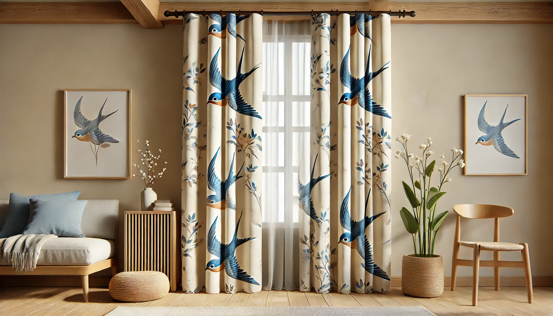 DALL·E 2024-09-04 13.46.57 - A realistic image of a curtain titled 'Échappée d'hirondelles,' in a cream color adorned with blue flying swallow patterns. The curtain is hung in fro